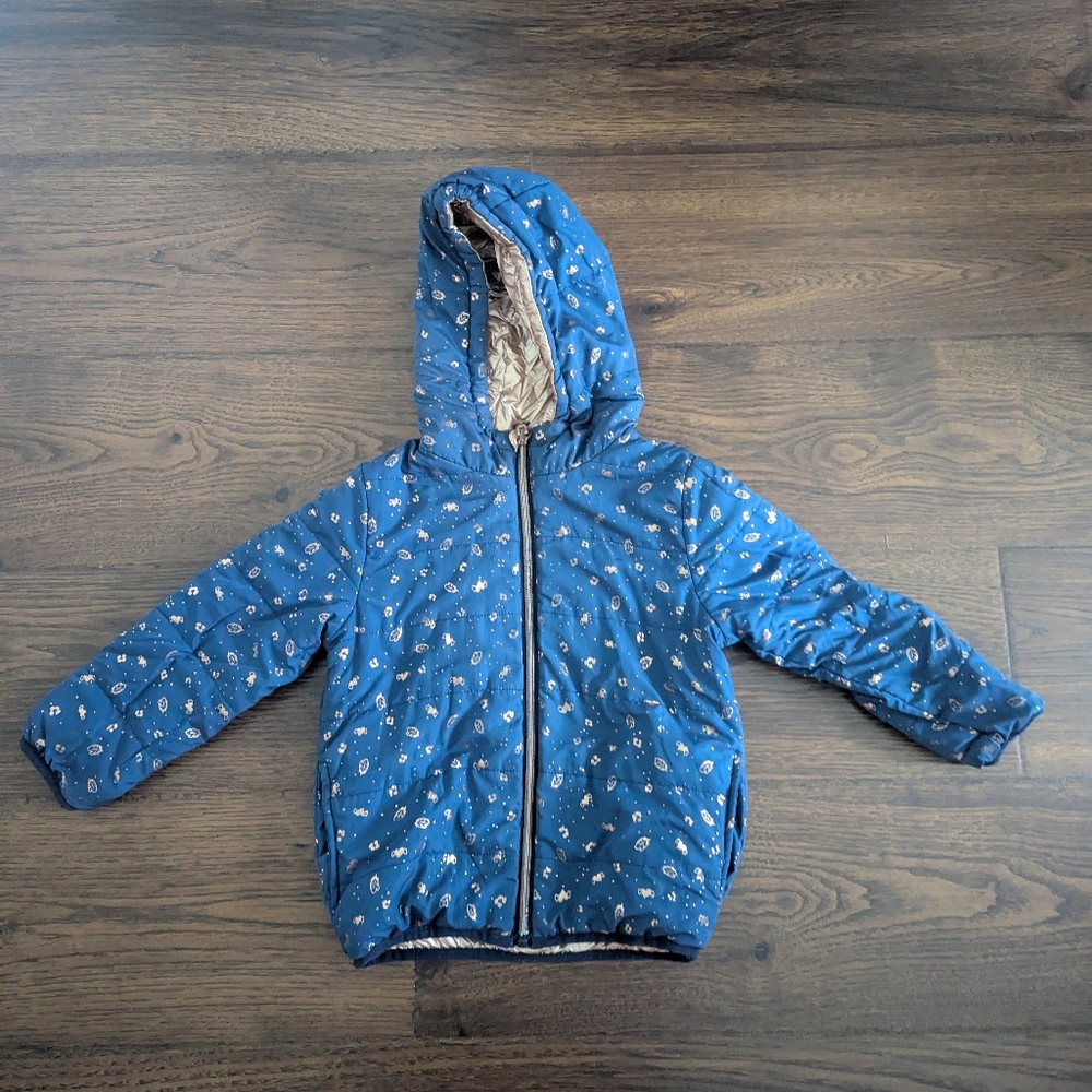 3Pommes Reversible Lightweight Coat Toddler Girls Size 2 3 Blue Gold Metallic